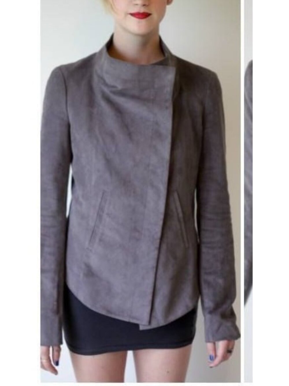 BCBG Max Azria Gray Vegan Suede Asymmetrical Misty Jacket, Size S